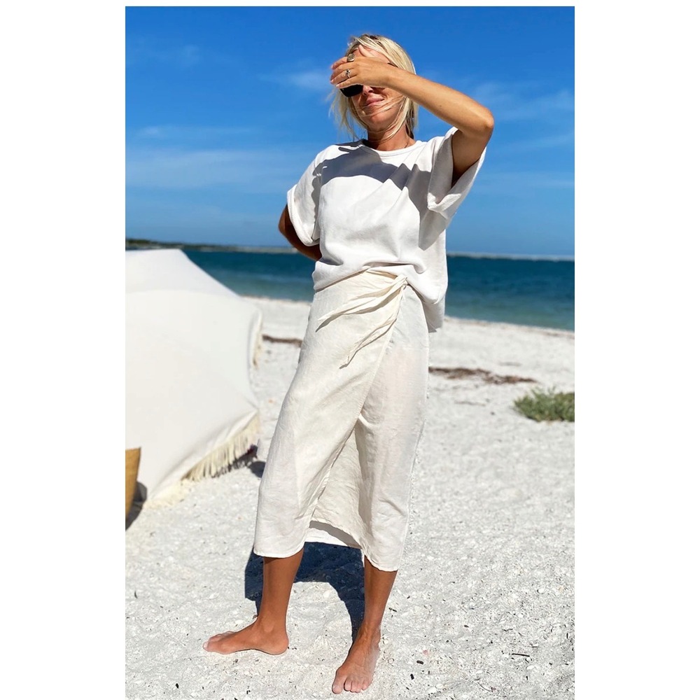 Emerson Fry India Collection Organic Linen Wrap Midi Skirt Cream ML Handmade NEW - Picture 2 of 13